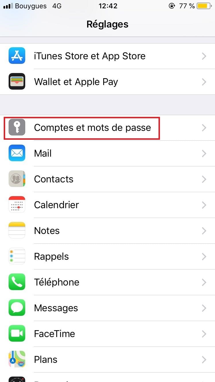 Onglet Comptes et mot de passe